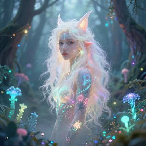 Digital fantasy artwork of a glowing, ethereal fairy with white, wavy hair, neon patterns, and glowing horns in a mystical forest.