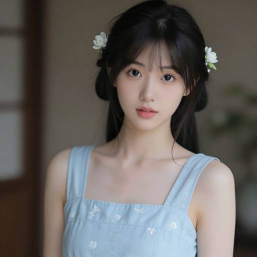 Photograph of an East Asian woman with long black hair, white flower hairpins, and a light blue, floral-patterned dress, standing indoors with