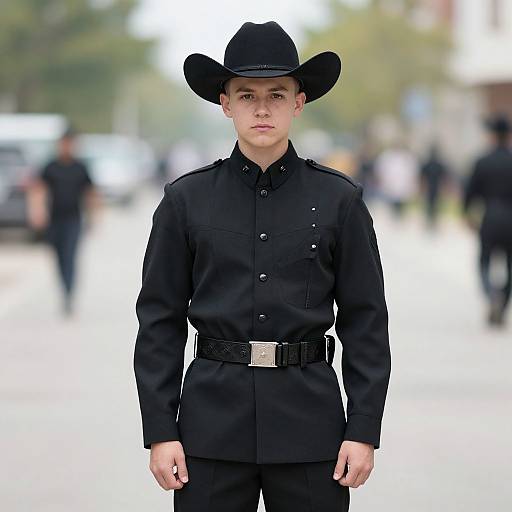 Photograph of a young, pale-skinned man in a black cowboy hat and uniform, standing confidently on a blurred street.
