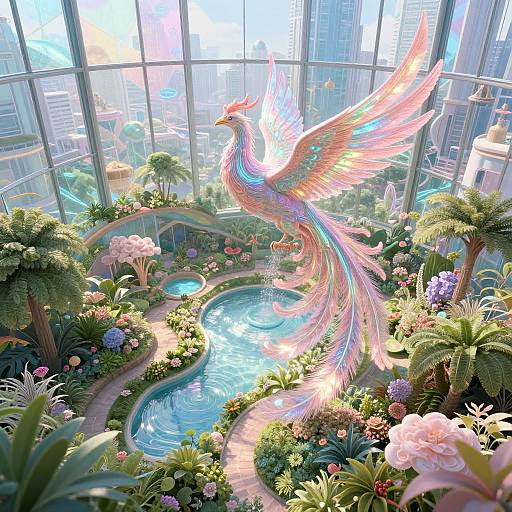 Digital art of a vibrant, rainbow-feathered phoenix with glowing wings, hovering over a lush indoor garden with a small pond and city skyline visible through