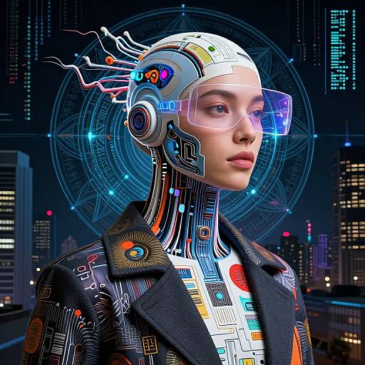 Cyberpunk digital art: A woman with futuristic headgear and glowing visor, wearing a tech-patterned black coat, stands against a neon-l