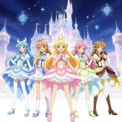 Digital anime artwork of five magical girls in colorful, frilled dresses standing against a glowing, ethereal castle backdrop at night.