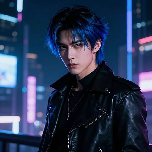 Digital art of a serious young man with blue hair, black leather jacket, and earrings, standing in a neon-lit cityscape at night.