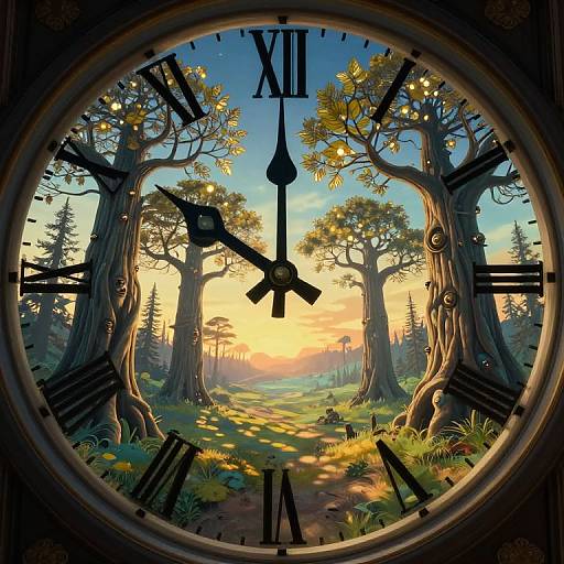 Fantasy clock face with Roman numerals framing a sunlit forest meadow at sunset, featuring tall, twisted trees and a golden sky. Digital art