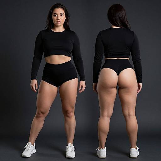 Photograph of a curvy, dark-haired woman with medium skin tone, wearing a black long-sleeve crop top and high-waisted black