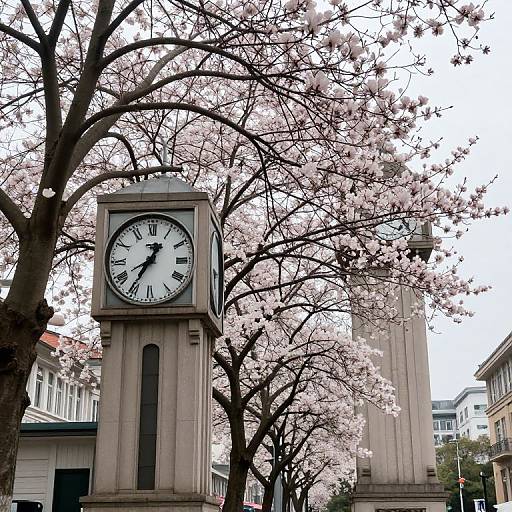 Photograph of a square, beige clock tower with a black and white clock face, surrounded by blooming pink cherry blossom trees in an urban setting.
