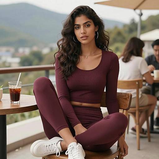 Photograph of a young woman with long, wavy black hair, wearing a maroon crop top and matching leggings, white sneakers, sitting cross-legged