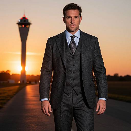 Photograph of a handsome, serious-looking man in a dark gray three-piece suit, standing on a sunlit airport tarmac with a control tower in
