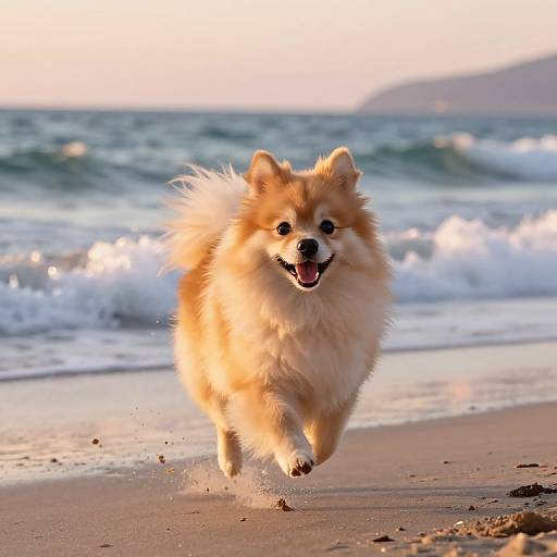 Photograph of a fluffy, orange and white Pomeranian dog joyfully running on a sandy beach with ocean waves in the background.