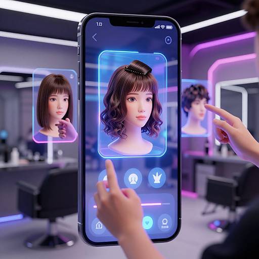 Photograph of a smartphone displaying a digital portrait of an Asian woman with wavy brown hair, illuminated by neon lights in a modern salon. Hands interact