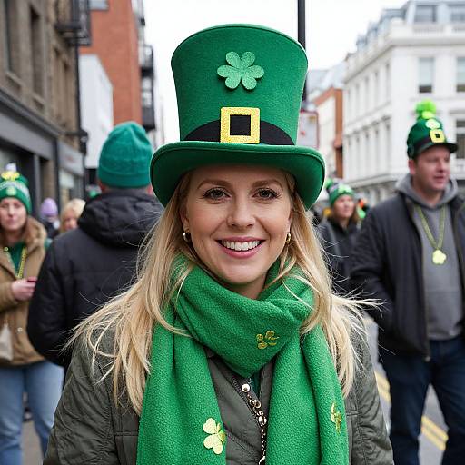 Photograph of a smiling blonde woman in a green top hat, scarf, and green outfit, with a gold shamrock pin, amidst a St.