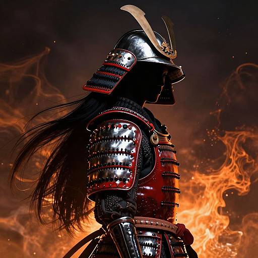 Photorealistic digital art of samurai in shiny red and black armor, helmet with crest, long black hair, set against fiery orange background.