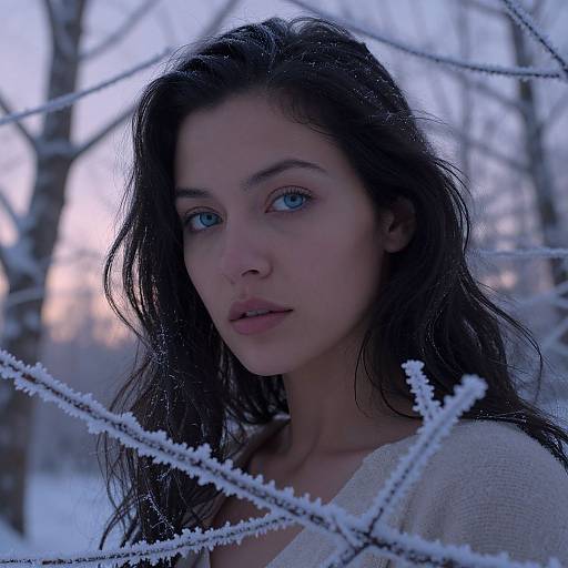 Photograph of a young woman with long, dark wet hair and blue eyes, gazing forward, surrounded by snow-covered branches in a winter forest.