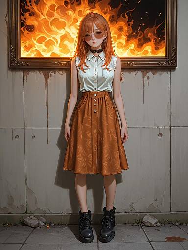 Digital art of a young woman with orange hair, white shirt, brown skirt, black shoes, standing before a fiery, framed wall.