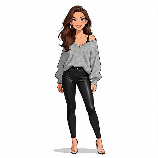 Digital illustration of a smiling woman with long brown hair, wearing an off-shoulder gray sweater, black leather pants, and open-toed heels.