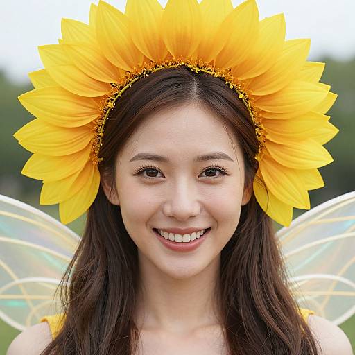 Photograph of a smiling Asian woman with long brown hair, wearing a large yellow sunflower headband, and translucent fairy wings, against a blurred green