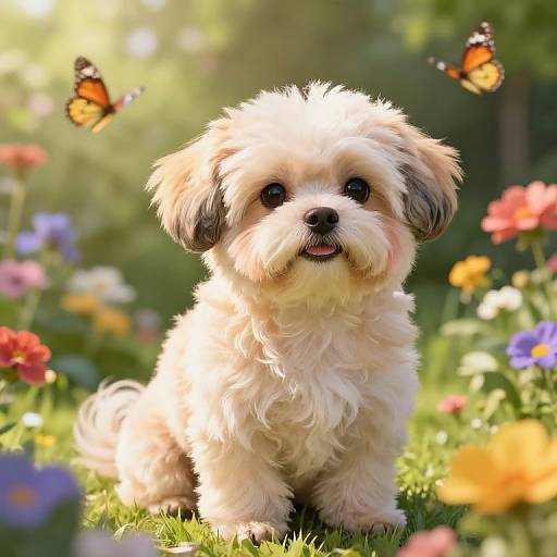 Photograph of a fluffy white puppy with black ears, sitting in a sunlit garden with colorful flowers and two orange butterflies.
