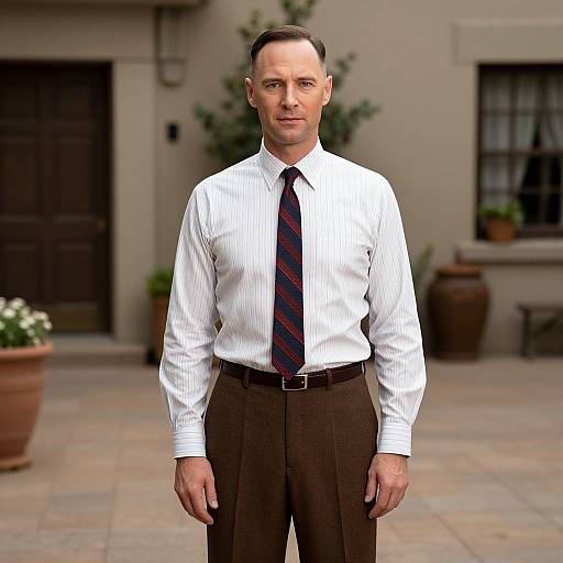 Photograph of a middle-aged white man with short brown hair, wearing a white striped shirt, black tie, and brown pants, standing outdoors in front