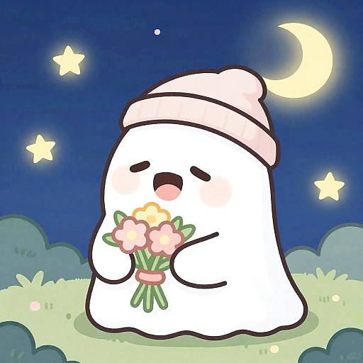 Cozy Moonlit Sleepy Ghost with Bouquet