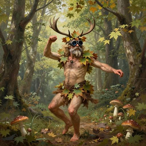 Forest King Dancing with Stag Antlers and Maple Leaves