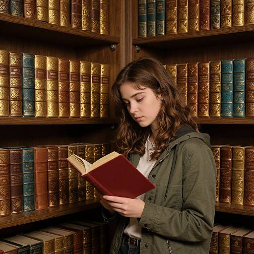 Young woman with long brown hair, wearing a green jacket, reads a book in a library filled with colorful, leather-bound books. Photograph.