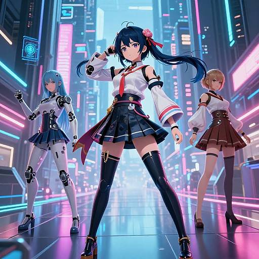 Anime-style digital artwork of three cyberpunk girls in neon-lit city street, wearing futuristic outfits with thigh-high boots and glowing lights.