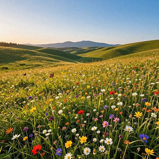 Vibrant photograph of a sunny meadow filled with colorful wildflowers, including daisies, red poppies, and blue cornflowers, overlooking