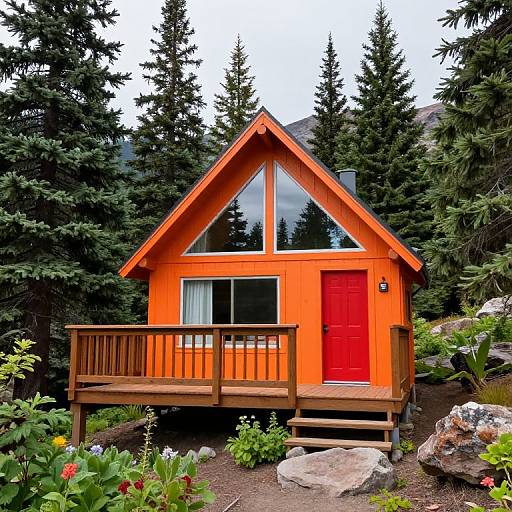 Vibrant Orange Cabin in Evergreen Forest