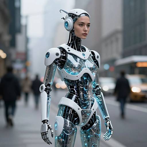 Photorealistic CGI of a sleek, white and black robotic woman with glowing blue accents, standing confidently on a blurred city street.