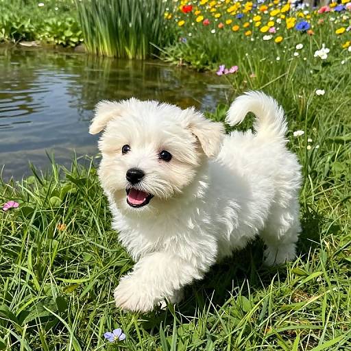 Photograph of a fluffy white puppy with black nose and eyes, happily walking on grass by a small pond, surrounded by colorful wildflowers and tall green