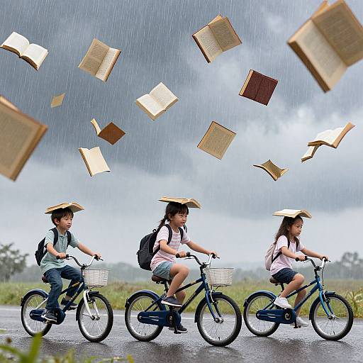 Photograph of three Asian children wearing straw hats, riding blue bicycles on a rainy road, with flying open books overhead.