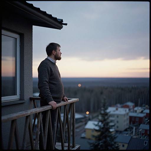 Photograph of a bearded man in a brown cardigan, standing on a wooden balcony at dusk, overlooking a forest and town.