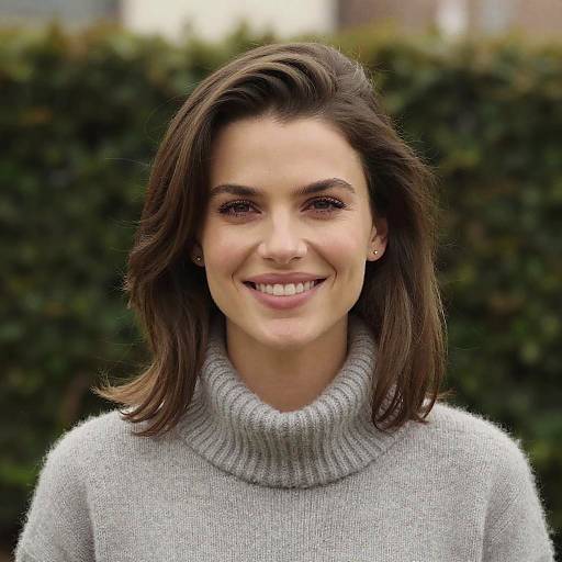 Photograph of a smiling young woman with fair skin, brown shoulder-length hair, and dark eyebrows, wearing a gray turtleneck sweater, against a