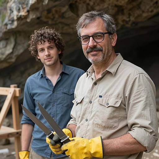 Two Men in Rocky Cave Holding Knives