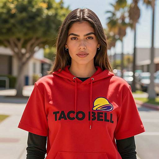 Woman in Red Taco Bell Hoodie Outdoors