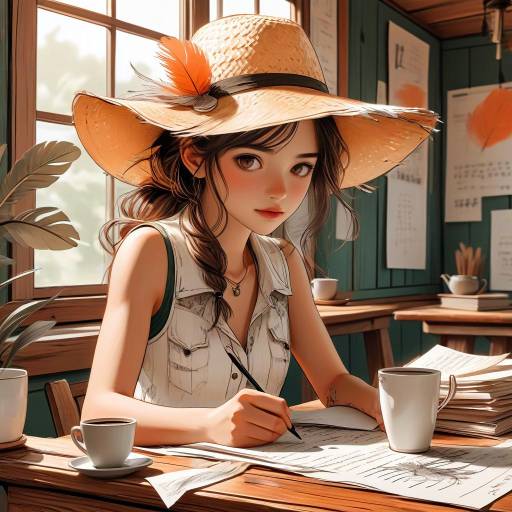 Young Woman Writing with Quill and Coffee