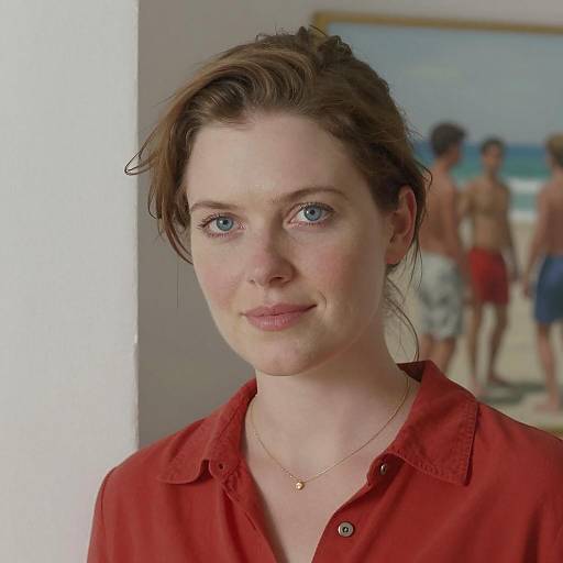 Portrait of Woman in Red Shirt by Wall