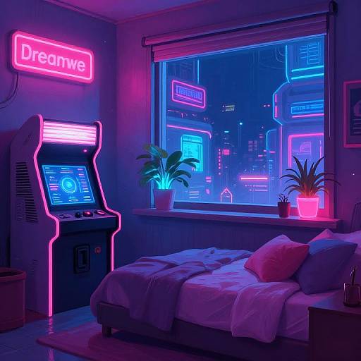 Neon-lit bedroom with 