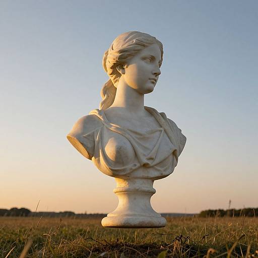 Photograph of a white marble bust of a young woman with detailed hair and draped clothing, set against a golden sunset sky and grassy field.
