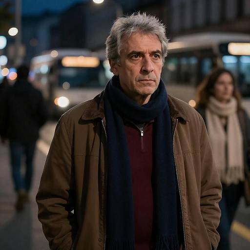 Serious Middle-Aged Man in Urban Night Street