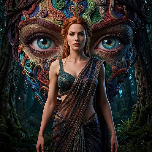 Digital artwork of a red-haired woman with blue eyes, wearing a glittery, one-shoulder sari, standing in a dark forest, with