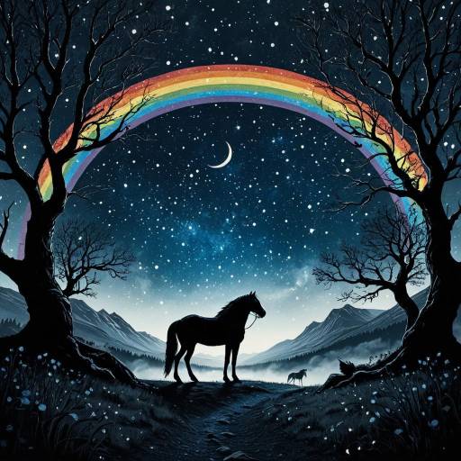 Mystical Night with Rainbow Bridge and Horses