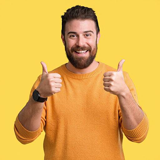 Photograph of a smiling, bearded man with short dark hair, wearing an orange sweater, giving two thumbs up against a bright yellow background.