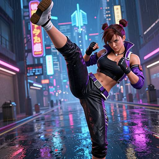 Digital art of a fierce, purple-haired woman in a black crop top and pants, kicking high in a neon-lit, rainy city street at night
