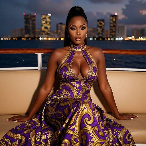 Photograph of a beautiful Black woman with dark skin and a high ponytail, wearing an ornate purple and gold halter dress, sitting on a