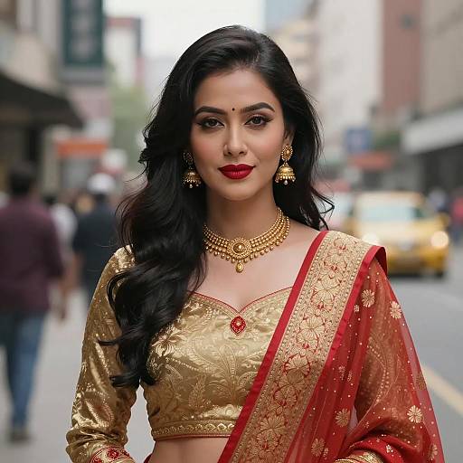 Asian Woman in Traditional Indian Attire on Urban Street