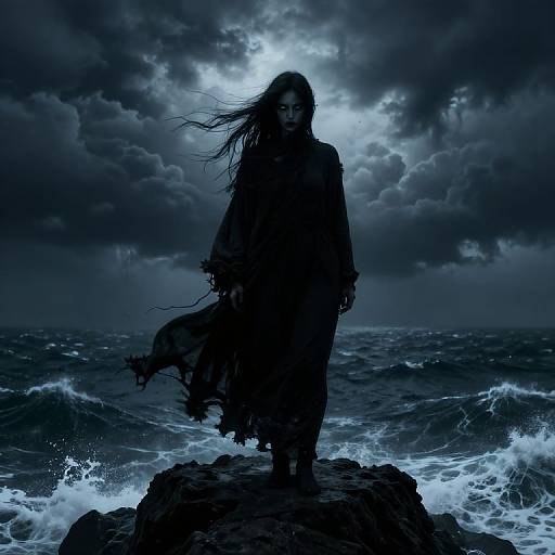 A dark, stormy photograph of a silhouetted woman with long, wind-blown hair standing on a rocky shore, waves crashing beneath her