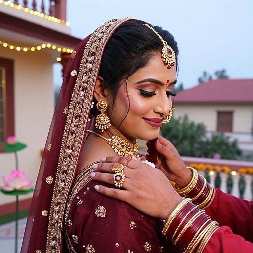 Photograph of a beautiful Indian bride in a maroon lehenga with gold embroidery, wearing jewelry, smiling with eyes closed, outdoors.