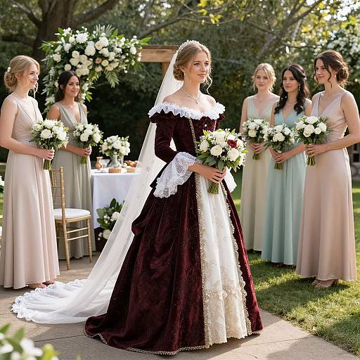 Photograph of a bride in a dark burgundy velvet gown with white lace, holding a bouquet, surrounded by four bridesmaids in pastel dresses,