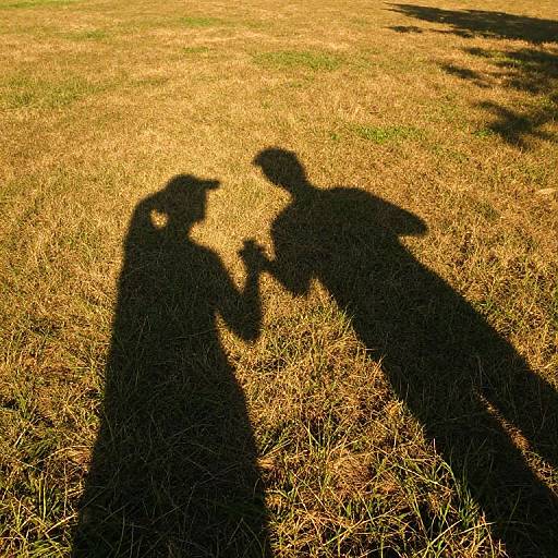 Photograph of silhouetted figures, a woman in a dress and a man, standing on golden grass, cast in shadows.